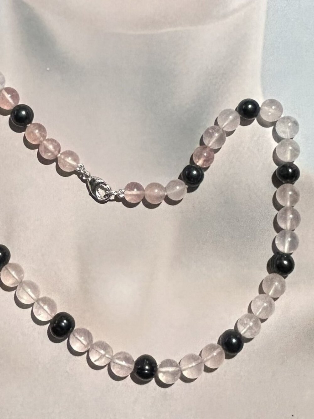 Rose Quartz Beads and Black Freshwater Pearls Necklace.